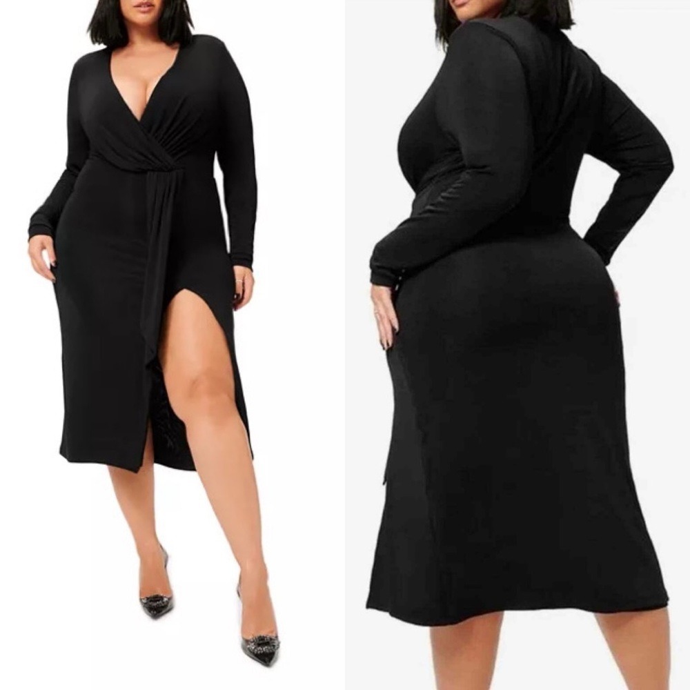 Good American Shimmer Long Sleeve Faux Wrap Dress